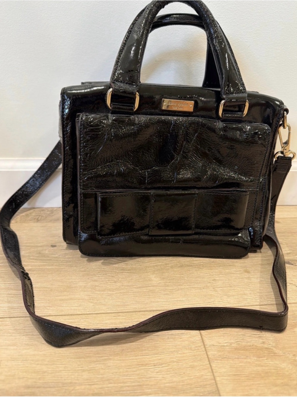Kate Spade Black Patent Bow Satchel Crossbody Flawed As-Is
